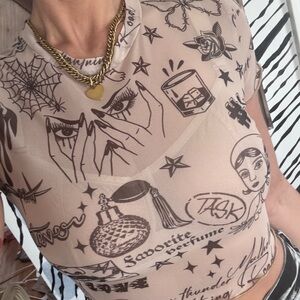 Graphic Print Beige Women's Top Sheer